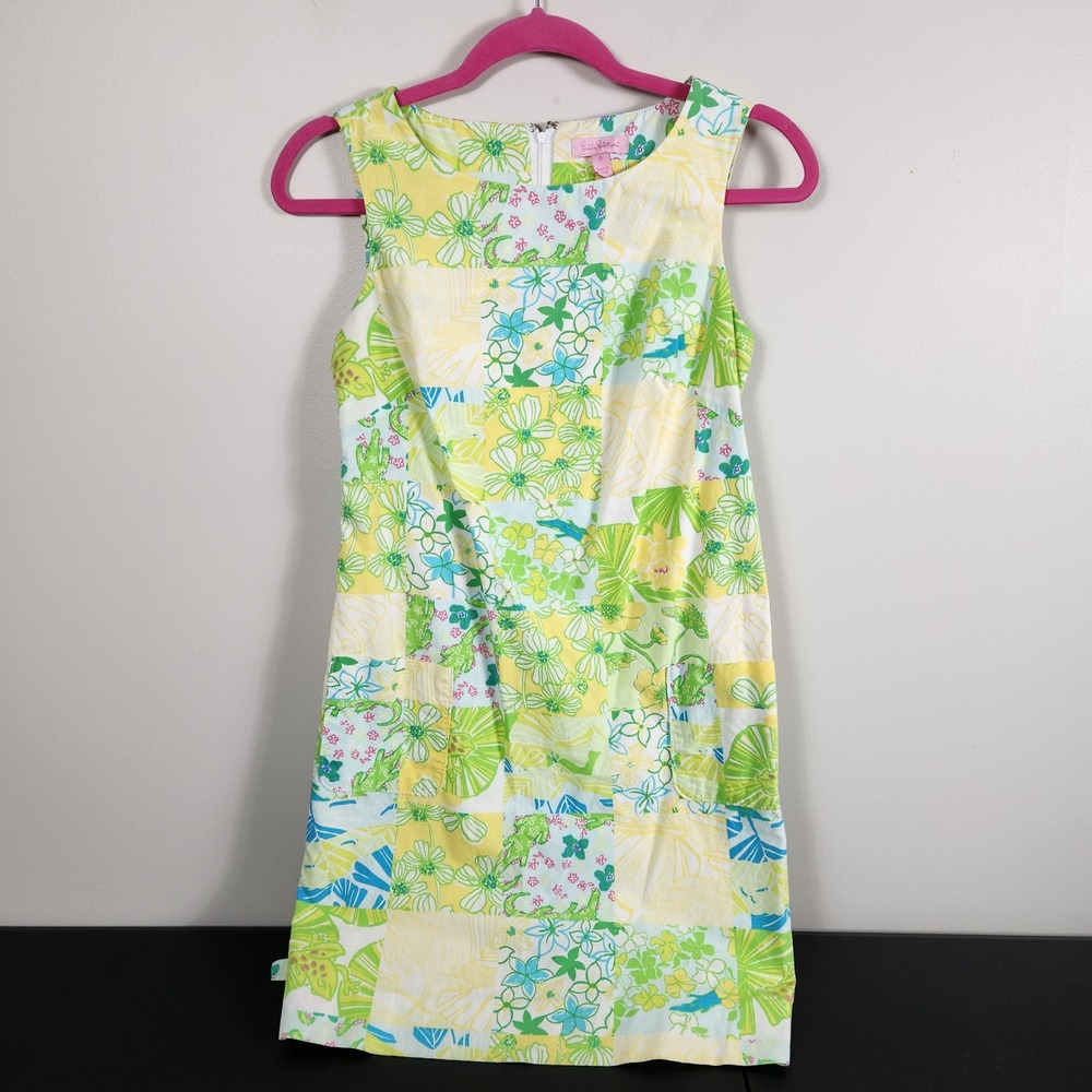 Lilly Pulitzer Cotton Patchwork Floral Shift Dress Green Yellow Size 0